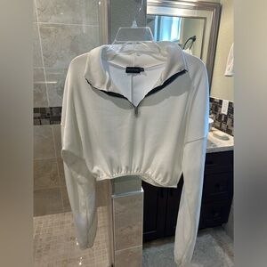 PrettyLittleThing White Cropped Quarter Zip Long Sleeve Top | size 8